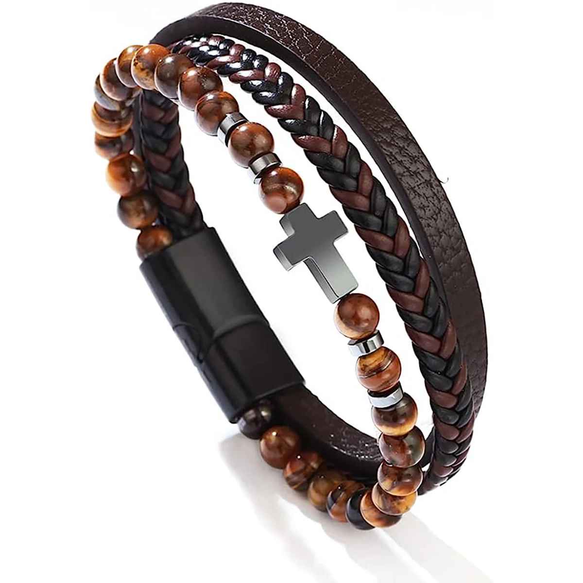 Leather bracelet with natural stones and Christic Latin cross