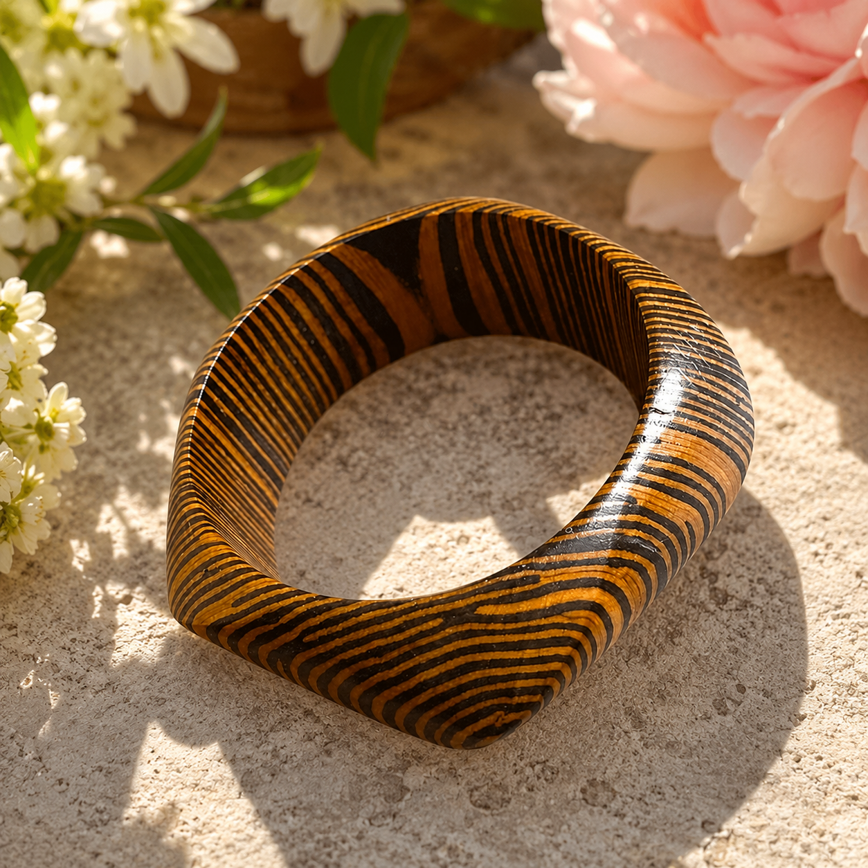 Bracelet en bois au design asymétrique, pensé pour apporter au poignet une note artistique, originale et distinctive.