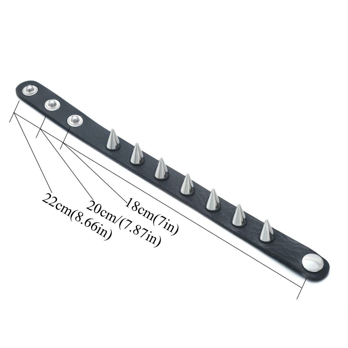 Bracelet gothique ajustable en cuir PU rouge, orné de pointes métalliques. Détails des dimensions suivant le tour de poignet.