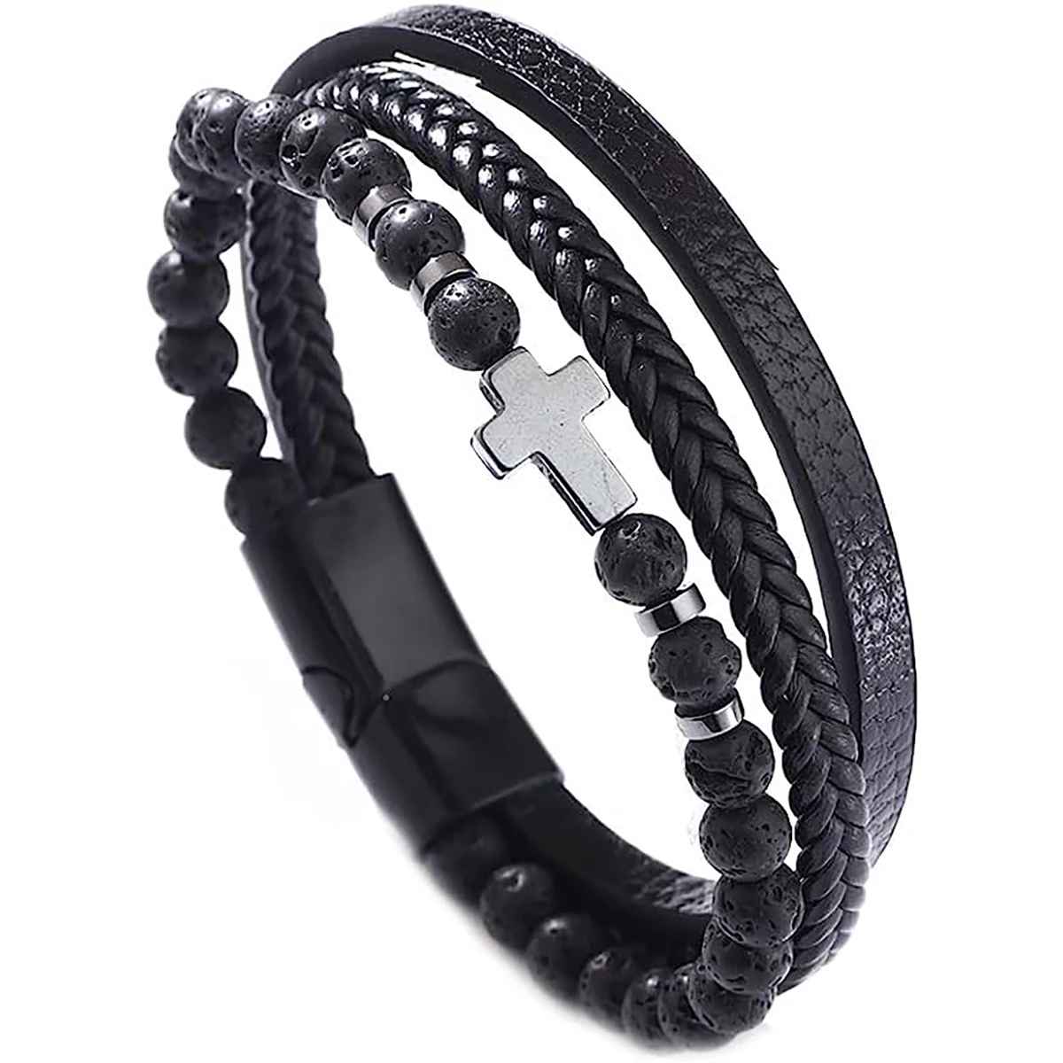 Leather bracelet with natural stones and Christic Latin cross