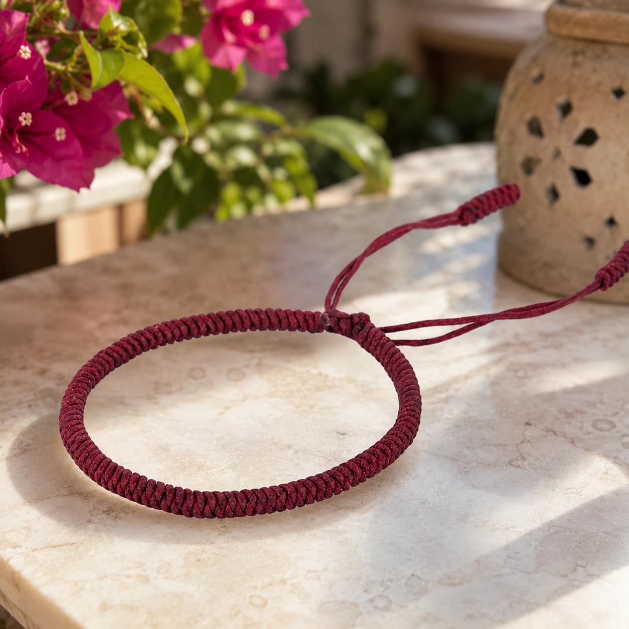 Bijoux tibétains spirituels en cordons noués, pensés pour une présence sobre et personnelle.