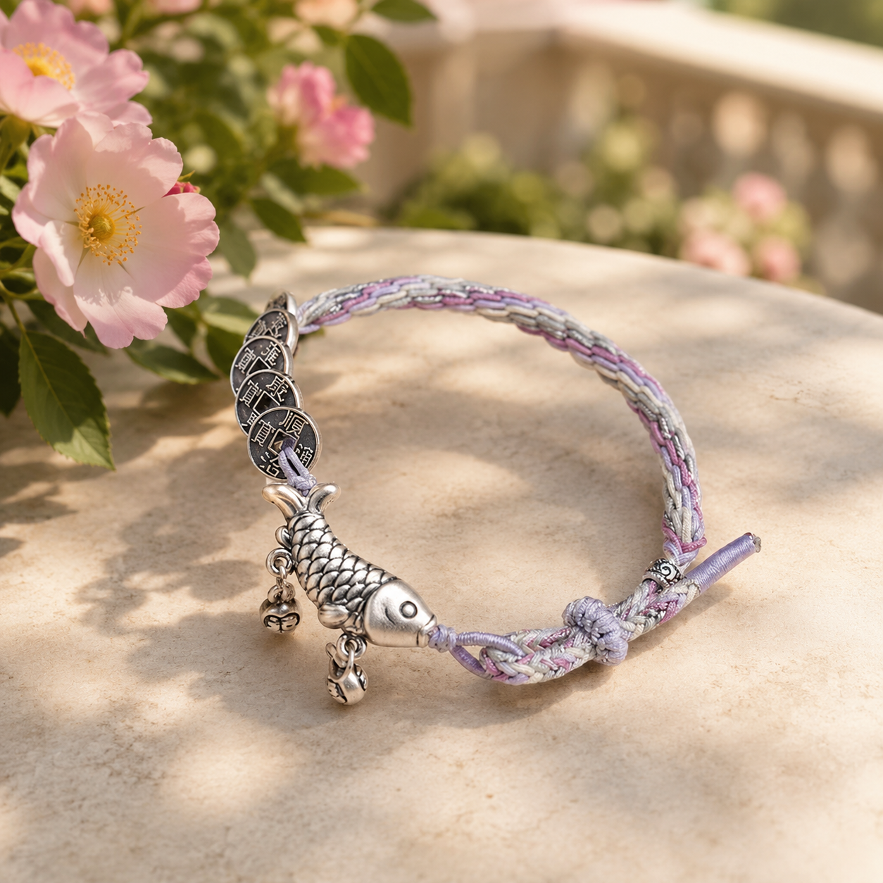 Bracelet en argent 925 monté sur un cordon tressé ajustable. L’ensemble associe confort, finesse artisanale et esprit porte-bonheur.