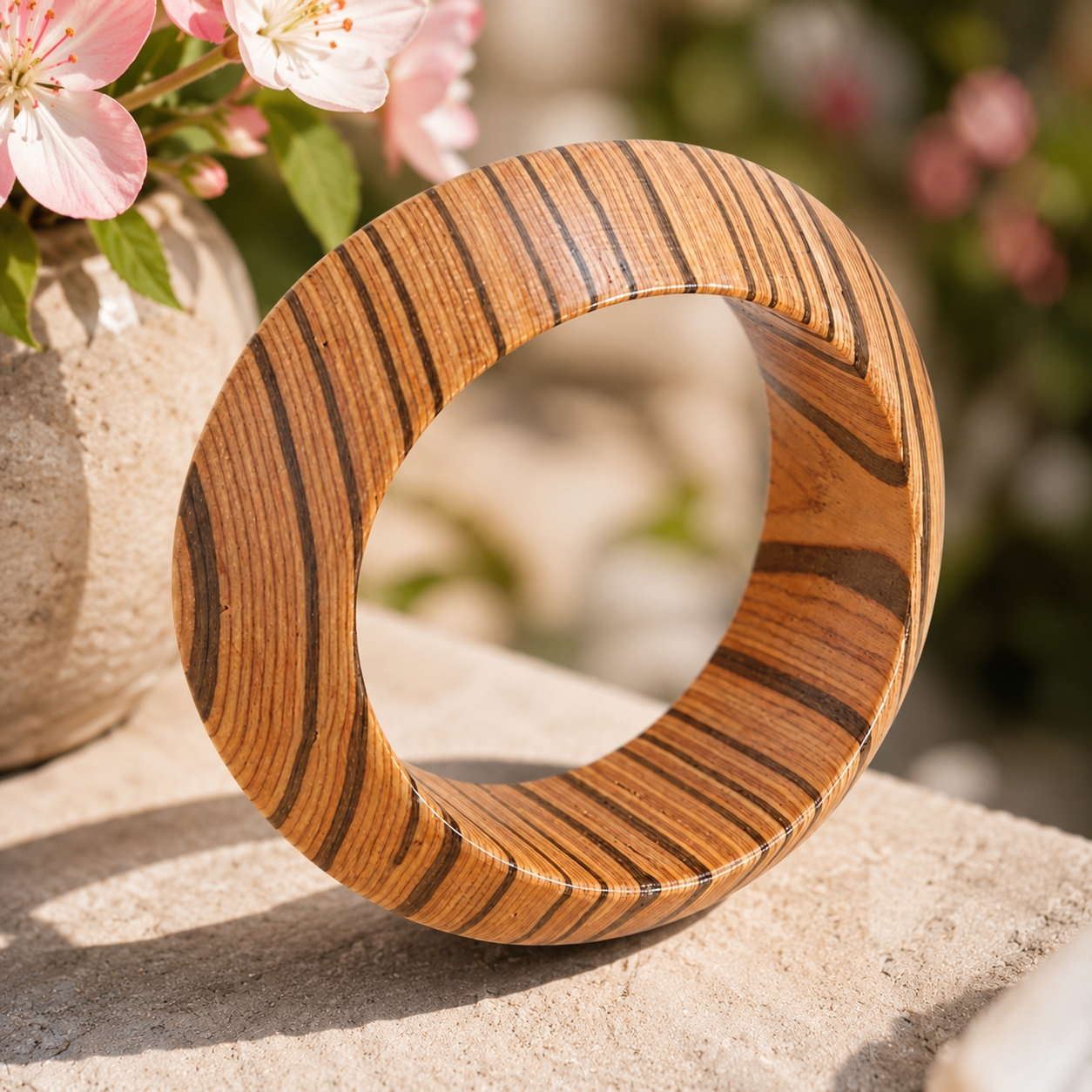 Bracelet en bois naturel d’inspiration organique, avec des volumes arrondis qui évoquent une création sculptée à la main.