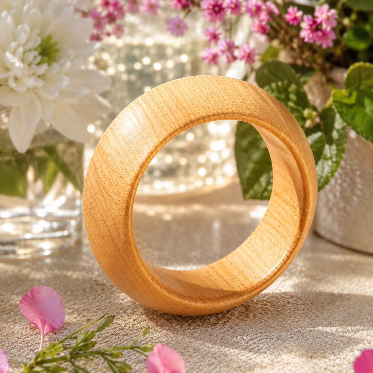Bracelet en bois naturel pensé comme une pièce forte, capable de transformer une tenue simple en composition élégante.