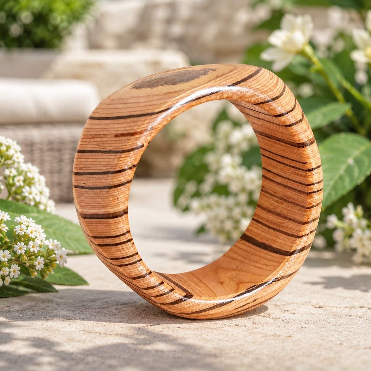 Bracelet en bois avec veinage concentrique, conçu pour faire ressortir les motifs graphiques naturels de la matière.