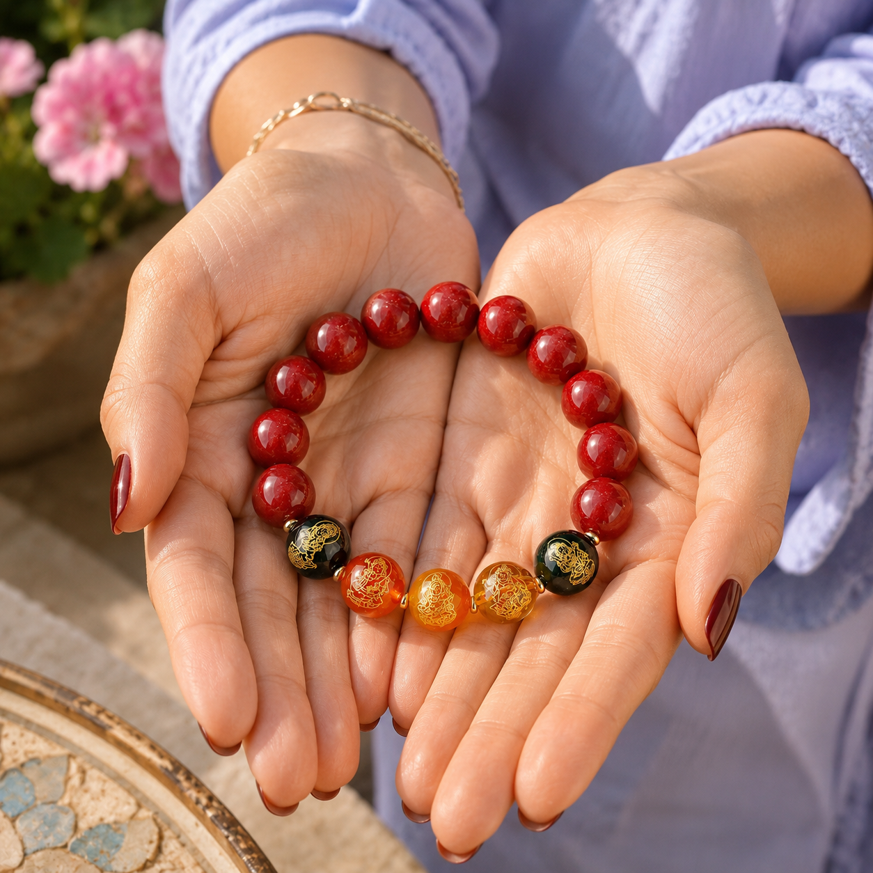 Le bracelet en pierres naturelles repose dans les paumes ouvertes du modèle, dans une présentation délicate et lumineuse. Les perles gravées de Bouddha renforcent son caractère spirituel et protecteur.
