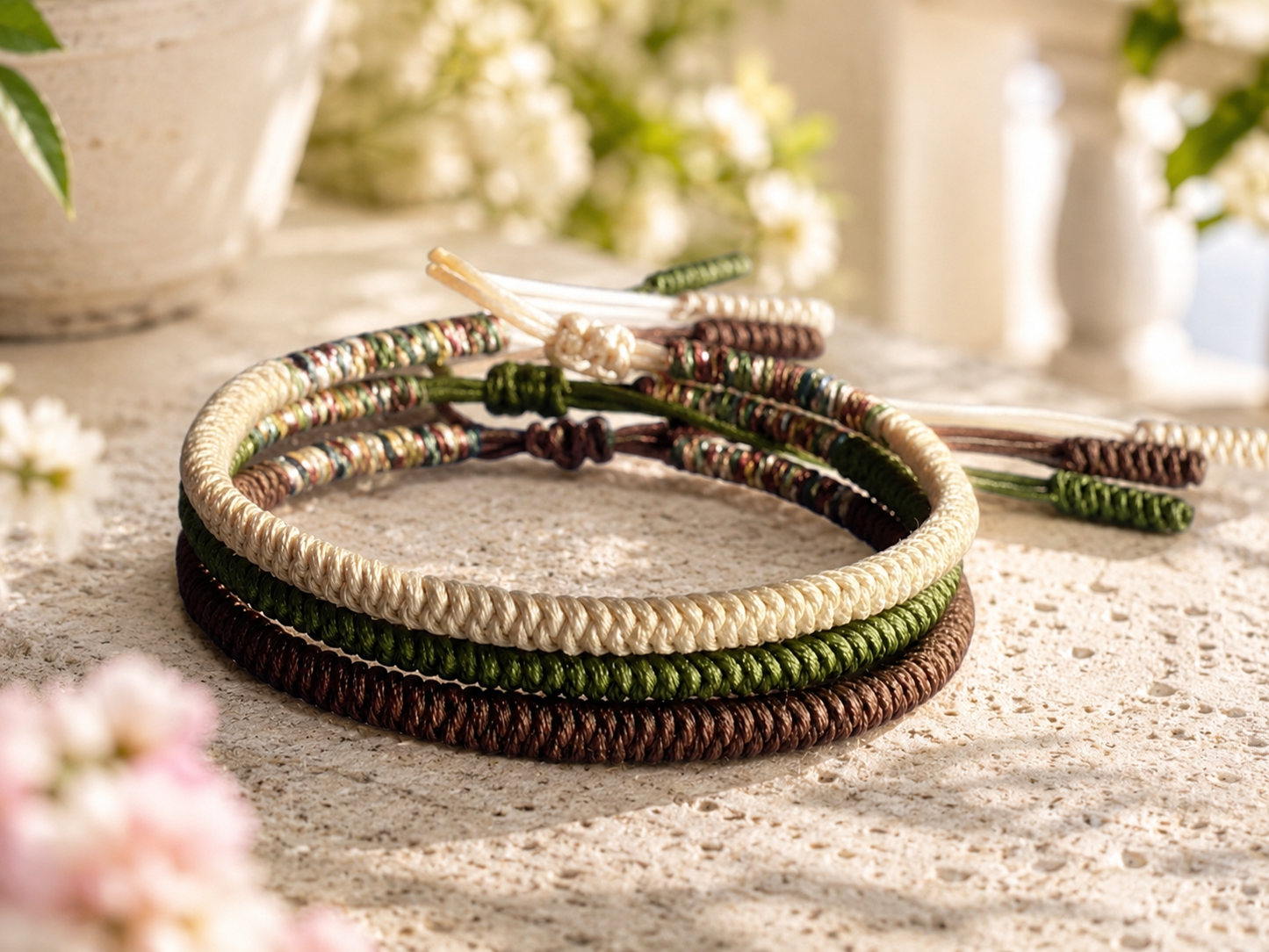 Bracelet bouddhiste ajustable avec glissières en macramé, pratique à enfiler et à resserrer.