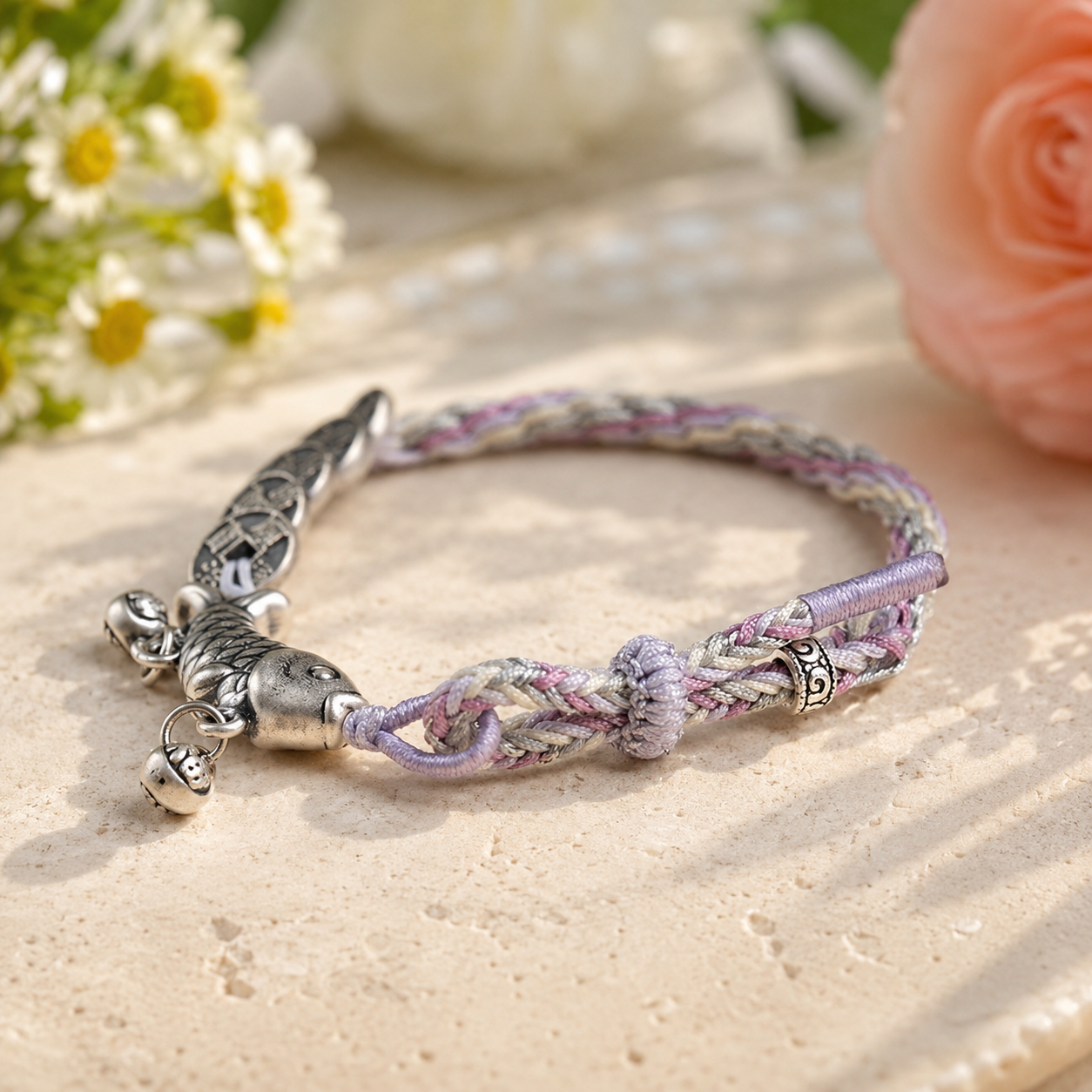 Bracelet talisman à carpe Koi, imaginé pour évoquer courage et nouveaux départs. Les sapèques complètent l’ensemble avec une touche Feng Shui.