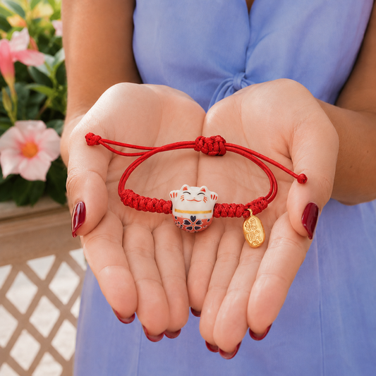 Bijou de poignet avec chat porte-bonheur et cordon tressé, idéal pour compléter une tenue avec une note douce et pleine de charme.