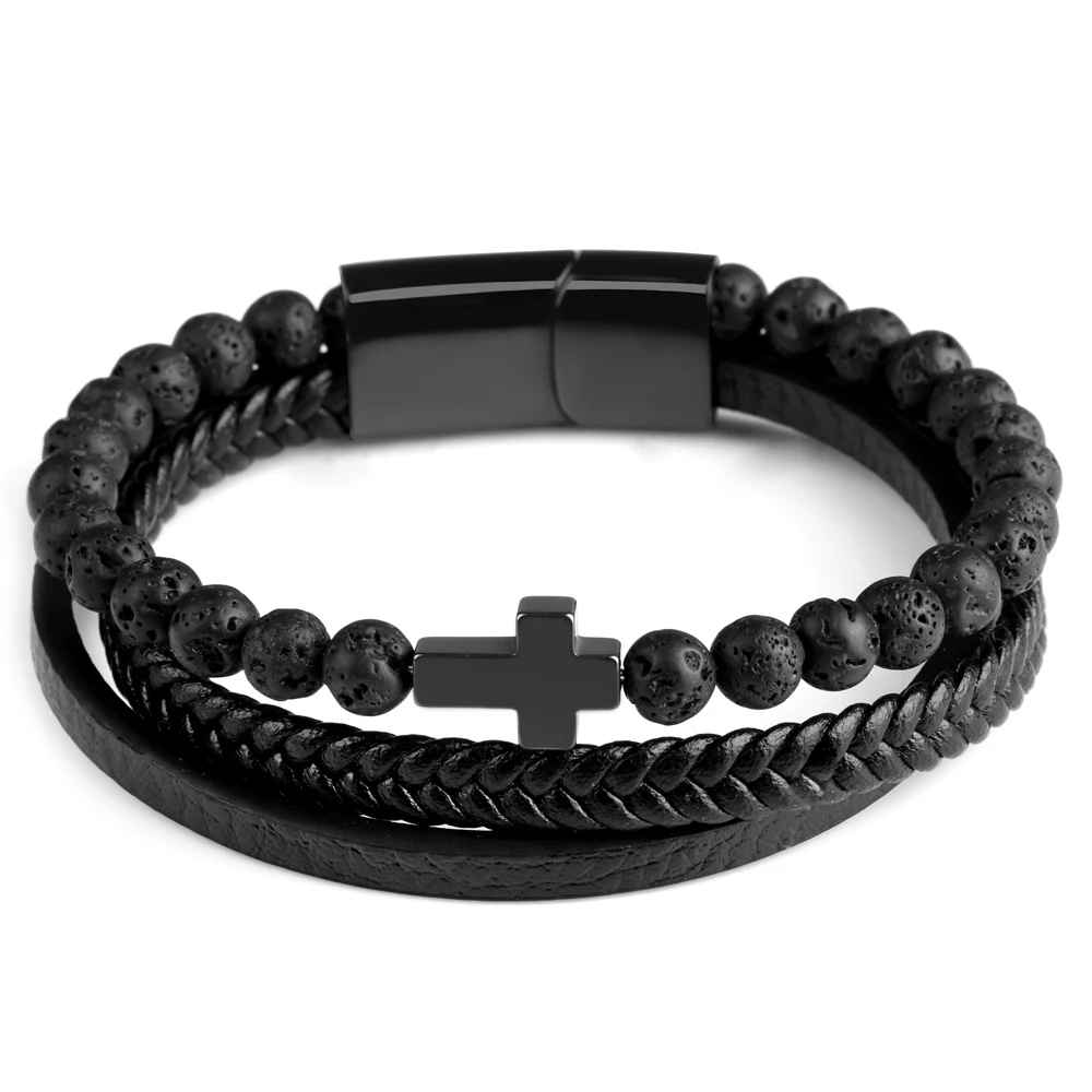 Bracelet avec croix en hématite noire et perles rondes assorties.