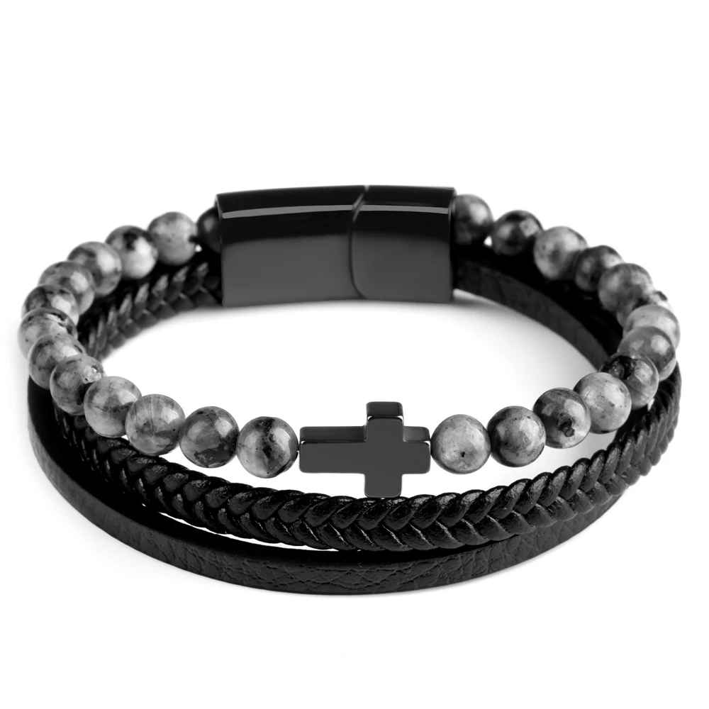 Bracelet élégant avec perles grises polies et bracelet en cuir noir.