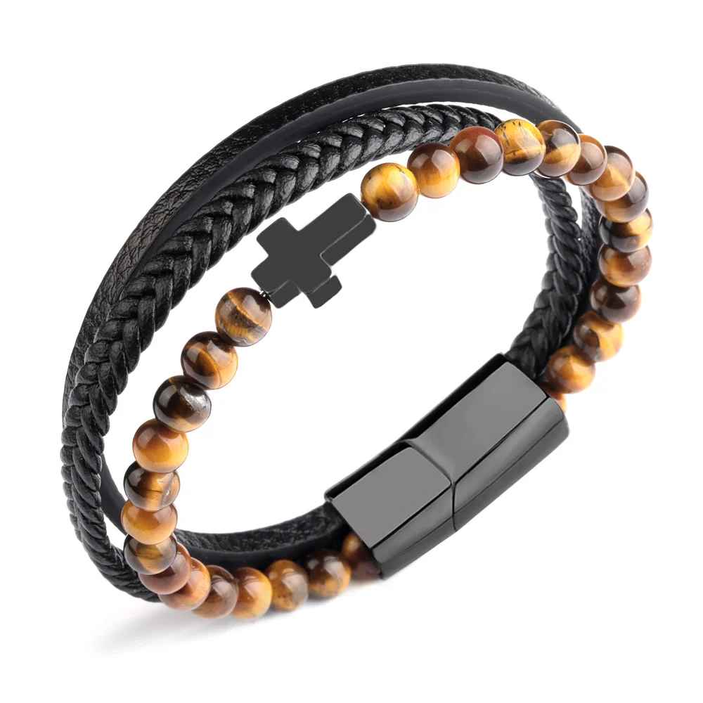 Modèle noir avec perles naturelles et croix en hématite brillante.