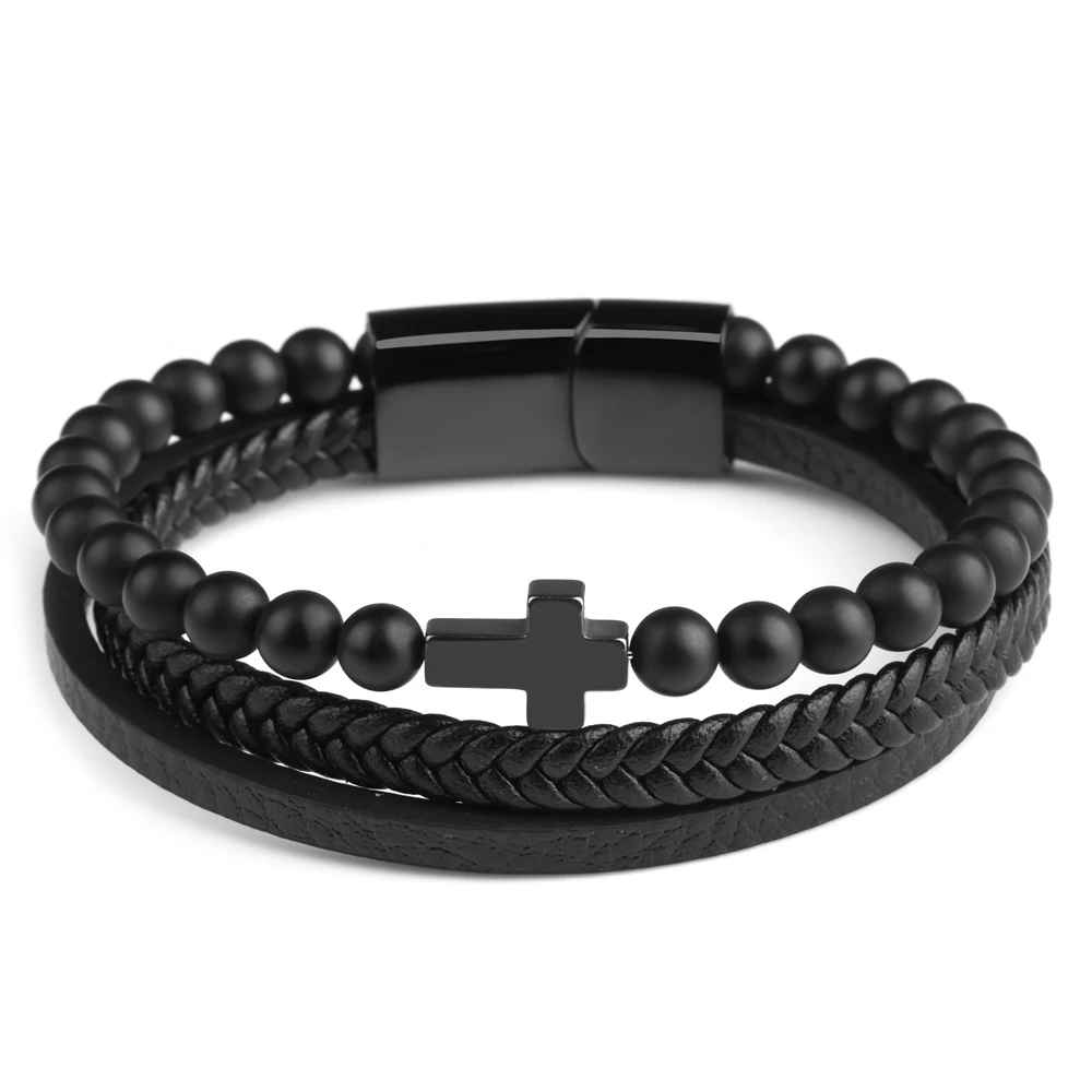 Bracelet avec pierres œil de tigre marron et croix en hématite.