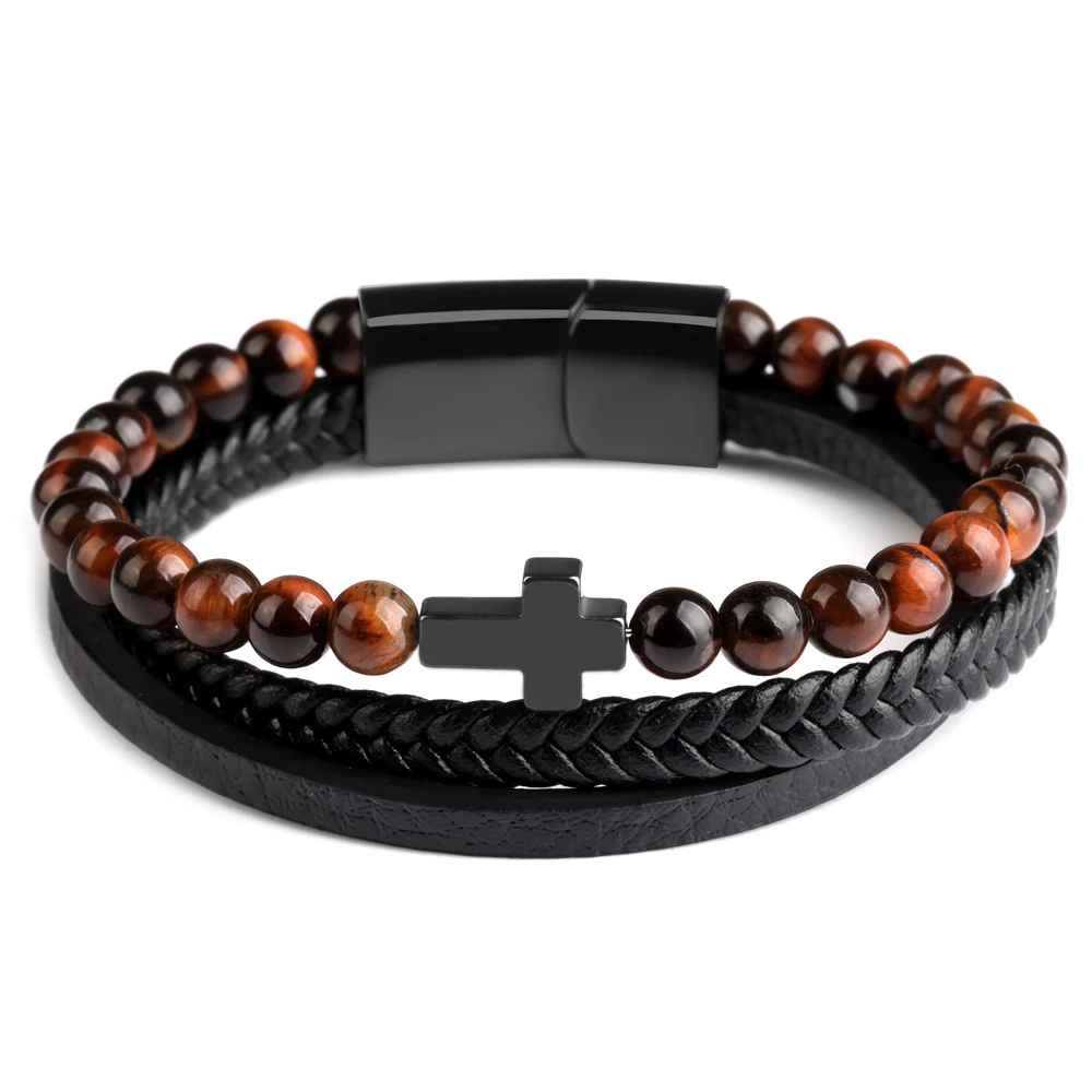 Bracelet masculin mêlant cuir tressé noir et perles minérales.