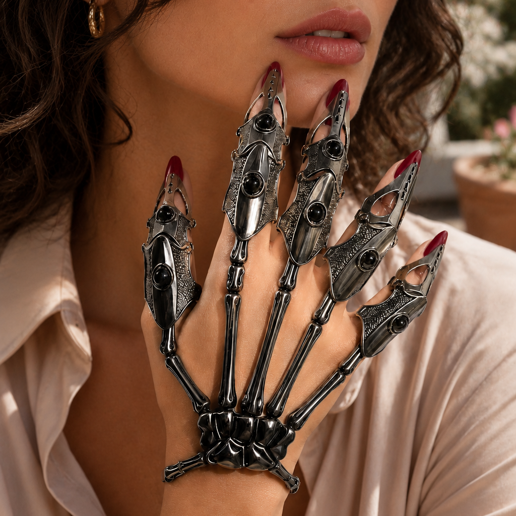 Bracelet exo-squelette gothique cyberpunk à structure articulée. Sa forme biomécanique transforme la main en accessoire futuriste spectaculaire.