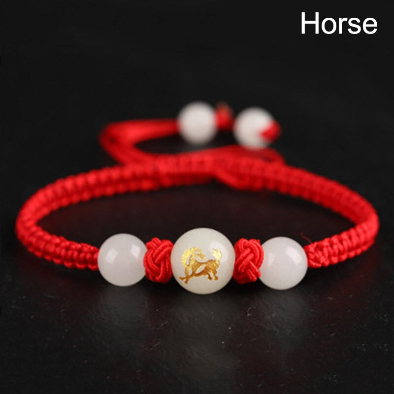 Bracelet rouge macramé Feng Shui pour homme et femme, énergie positive. Signe chinois du cheval, au galop.