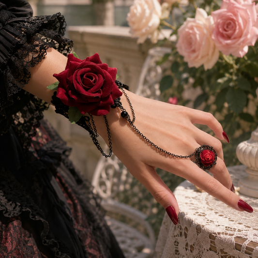 Bracelet gothique lolita avec rose décorative, chaînes délicates et bague assortie, porté sur une main élégante en terrasse fleurie. Ce bijou gothique romantique affirme une création sophistiquée au charme théâtral.