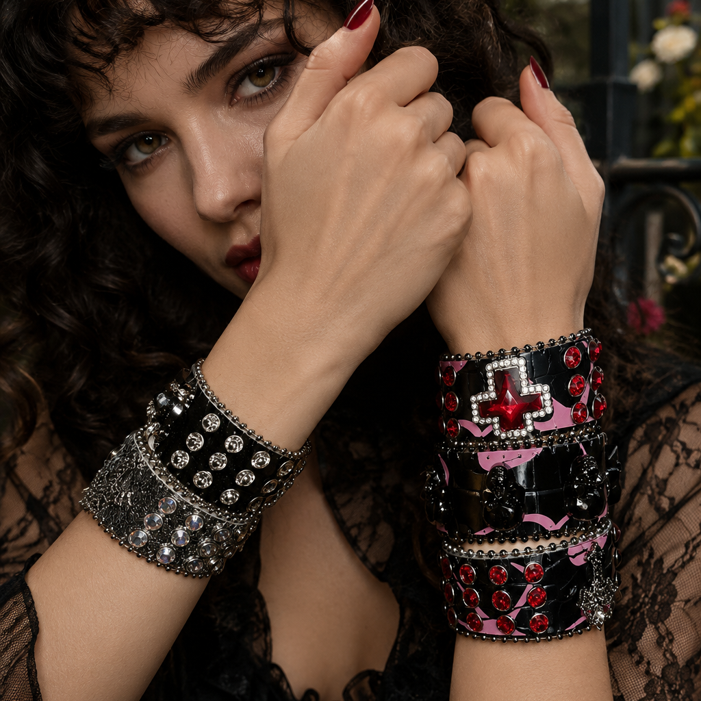 Bracelet gothique punk porté avec une tenue rétro années 80, entre clous, chaînes et détails brillants. Une manchette affirmée pensée pour un style sombre, rebelle et sophistiqué.