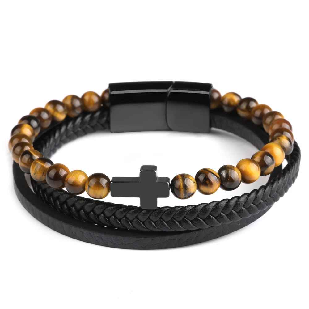 Bracelet multi-rangs en cuir avec perles marbrées grises.