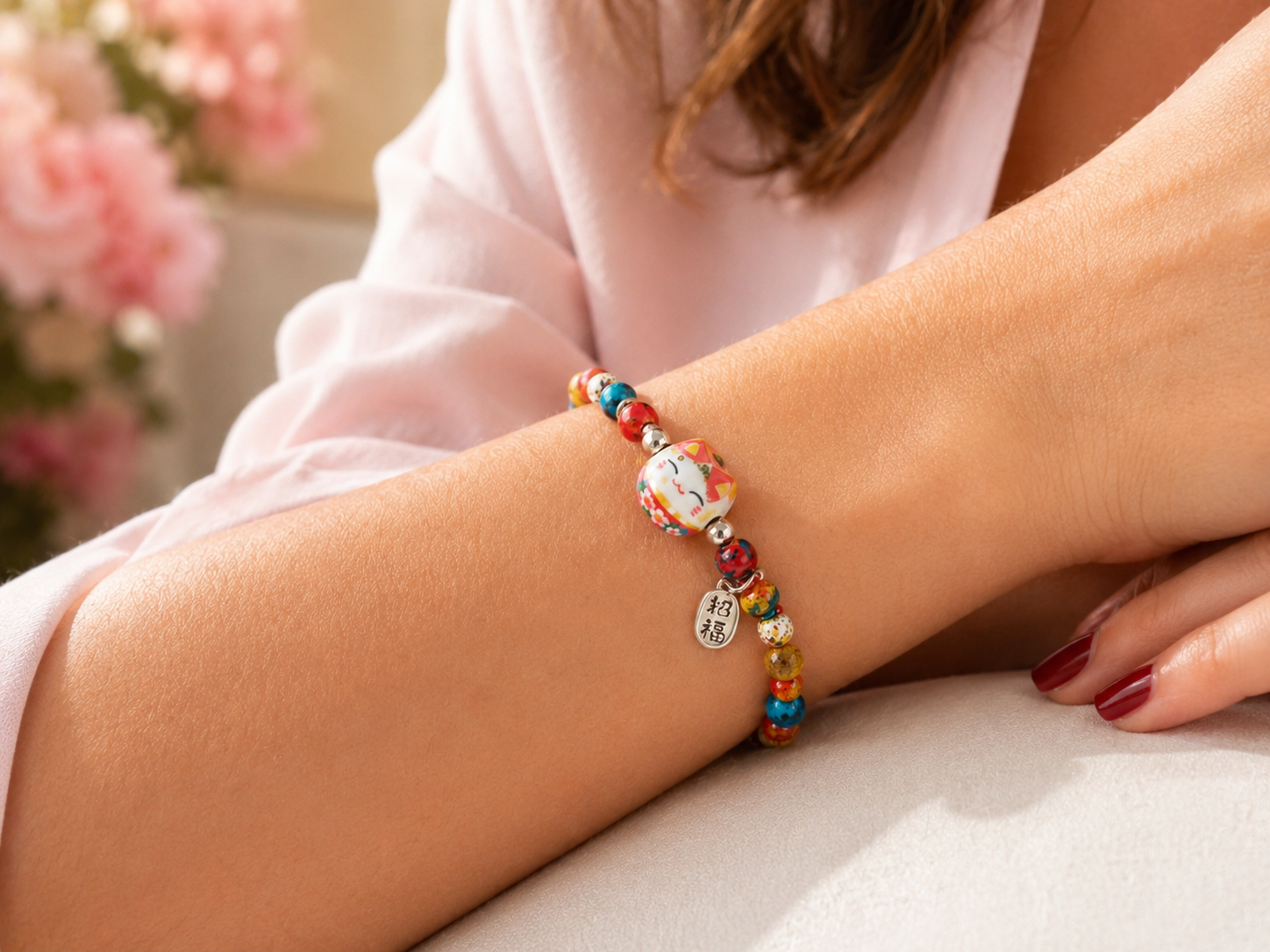 Le chat souriant décoré apporte une touche joyeuse au bracelet, entre fantaisie douce et symbole de chance porté près de soi.