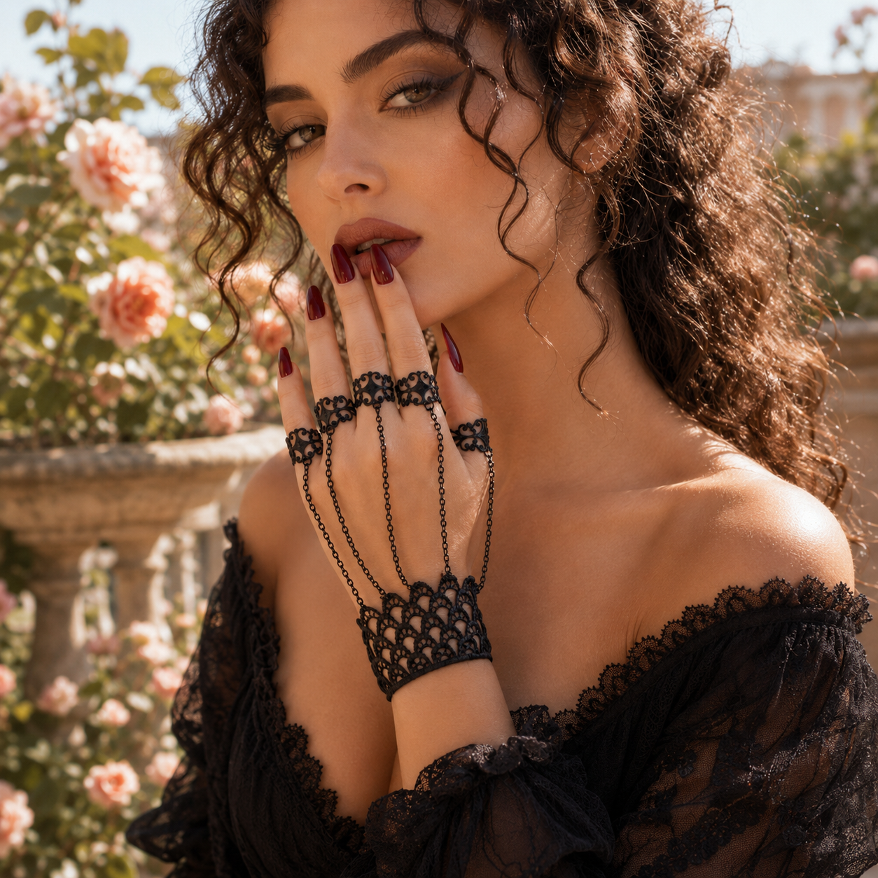 Bracelet de main gothique romantique en dentelle noire, porté avec une tenue victorienne raffinée sur une terrasse fleurie et lumineuse. Les chaînes fines relient délicatement le poignet aux doigts pour souligner l’élégance du bijou.