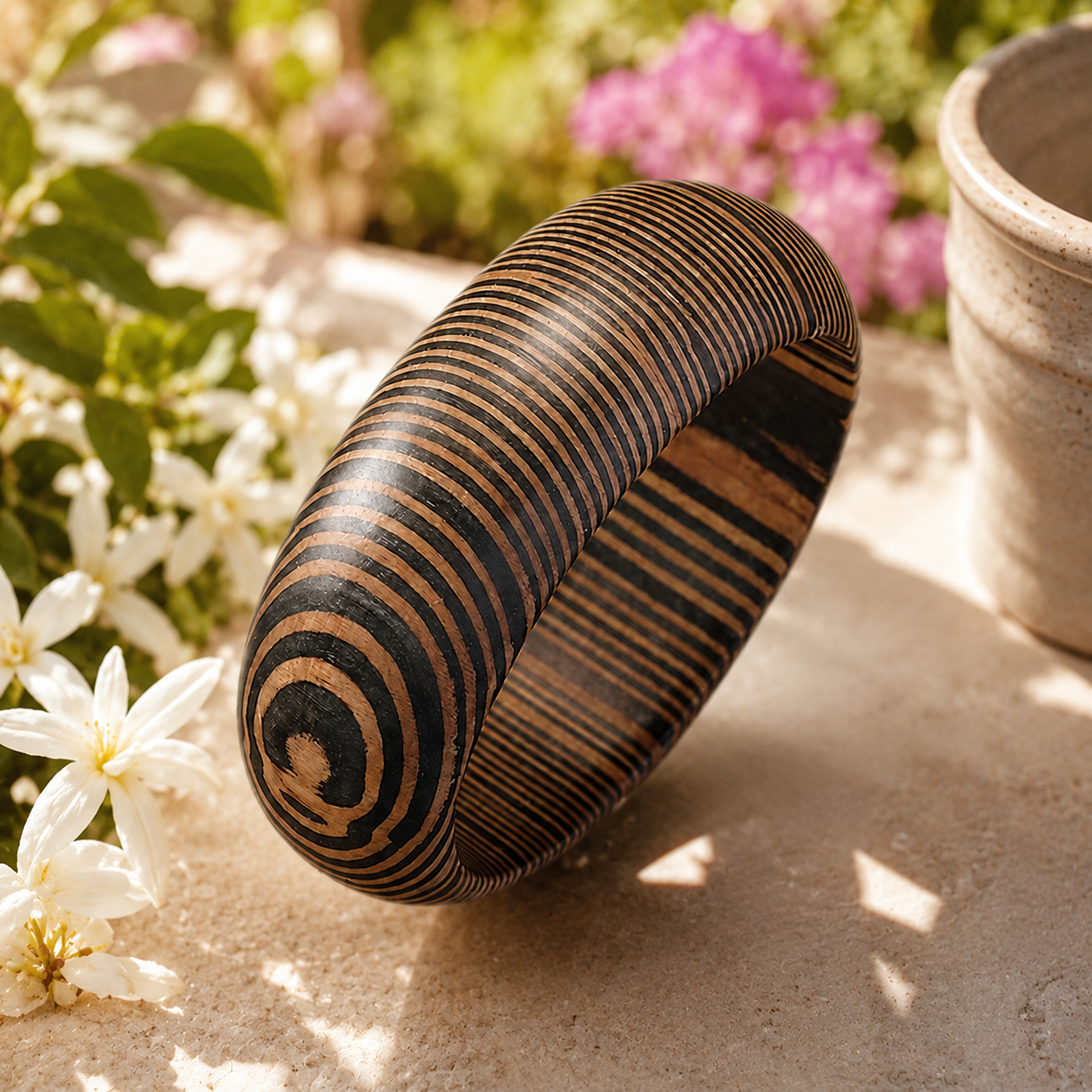 Bracelet manchette en bois à la silhouette ovale, travaillé pour offrir une allure à la fois naturelle et contemporaine.