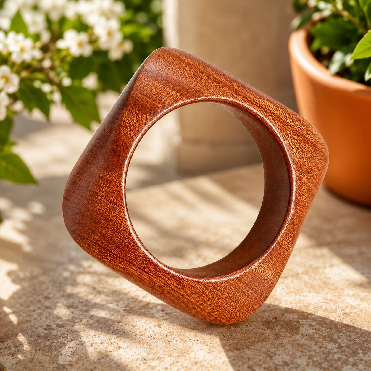 Bracelet manchette en bois porté avec une tenue bohème, pour un effet naturel, chaleureux et affirmé.