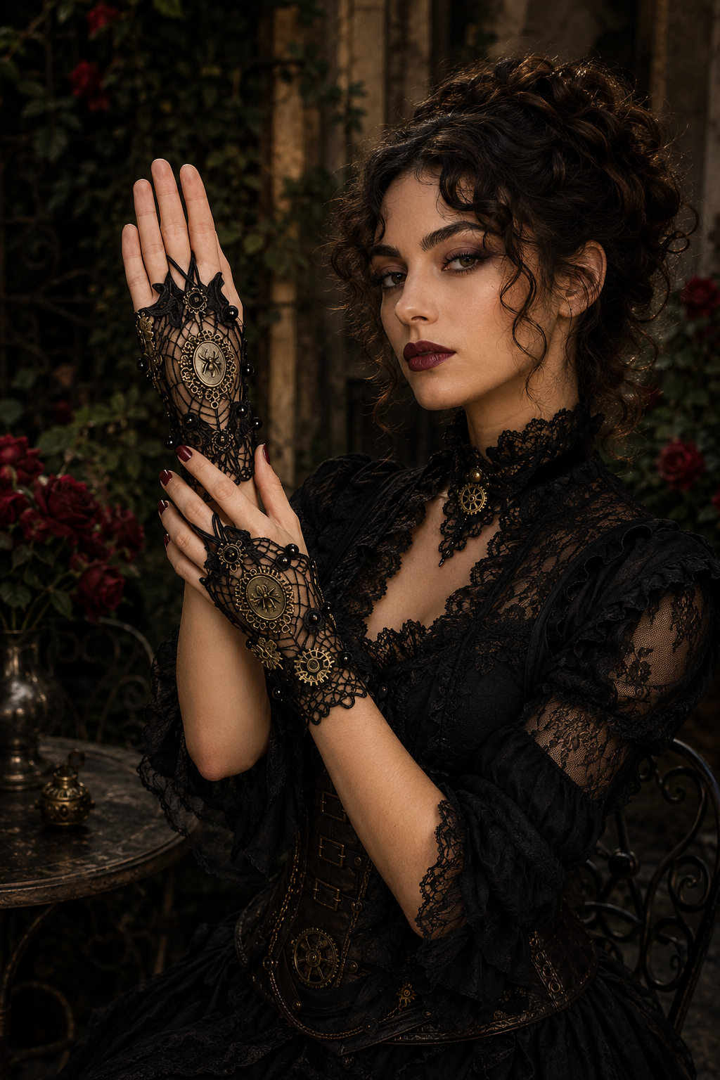 Cette manchette gothique romantique révèle tout le caractère de notre création, entre dentelle délicate, détails anciens et esprit victorien. Le décor de terrasse intime renforce son allure raffinée et théâtrale.