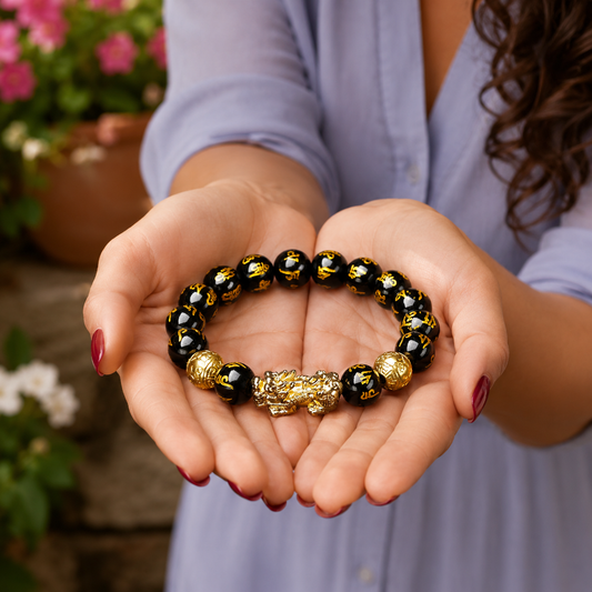 Bracelet en perles de pierre naturelle orné d’une créature protectrice, créé pour sublimer le poignet avec une allure raffinée et symbolique.