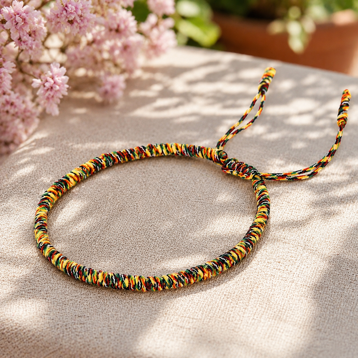 Bracelet porte-bonheur en macramé, discret au poignet et facile à porter au quotidien.