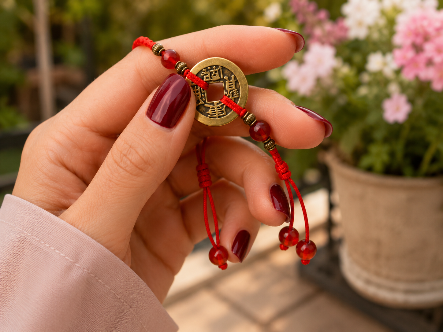 Bracelet porte-bonheur porté au poignet, avec une sapèque ancienne au centre pour une allure symbolique et discrète.