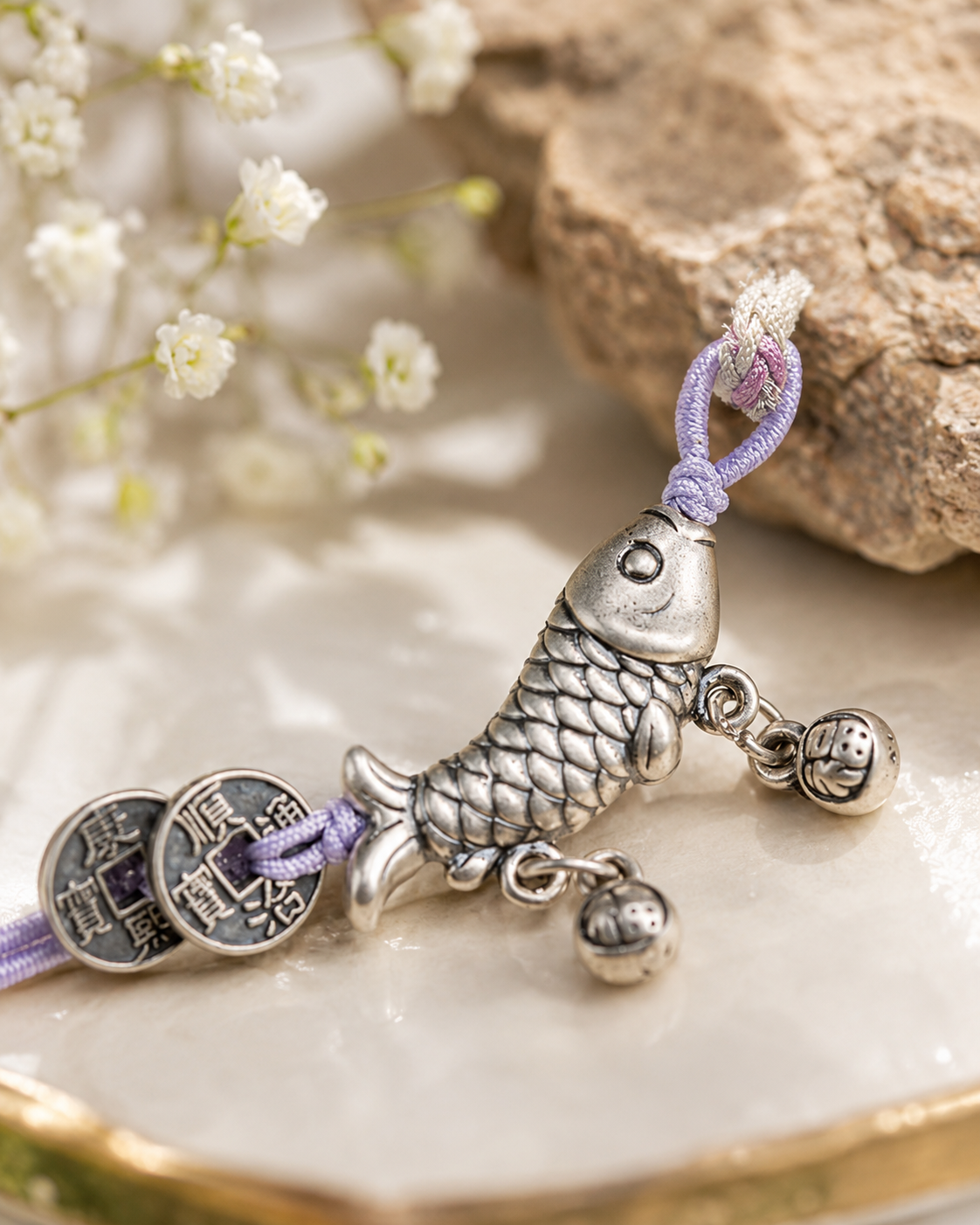 Bracelet à sapèques Feng Shui associé à une carpe Koi finement sculptée. Sa composition symbolique évoque chance, prospérité et protection.