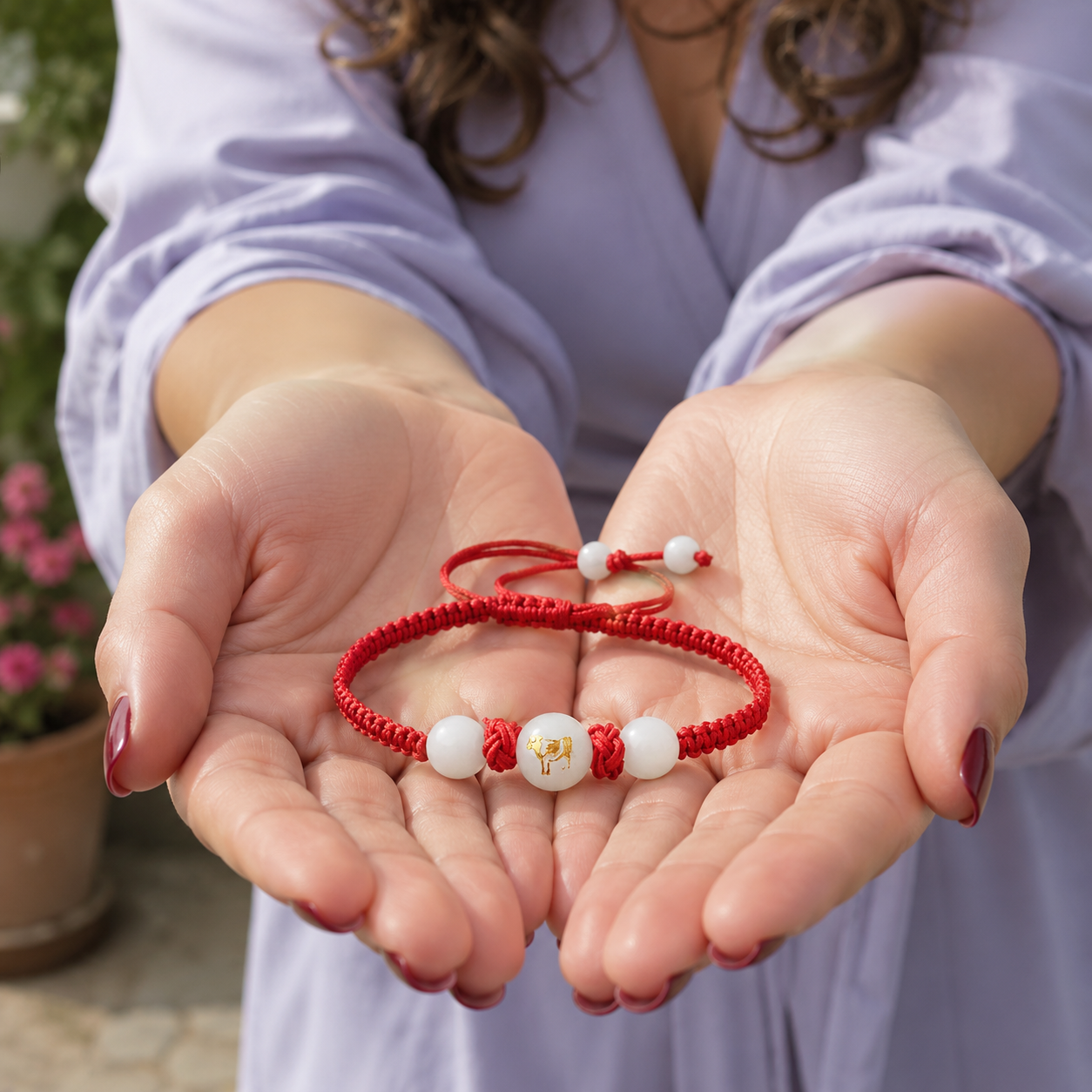 Bracelet signe chinois du Bœuf en corde tressée, orné de perles et d’un motif symbolique au centre. Ce bijou ajustable accompagne un style spirituel et raffiné au quotidien.