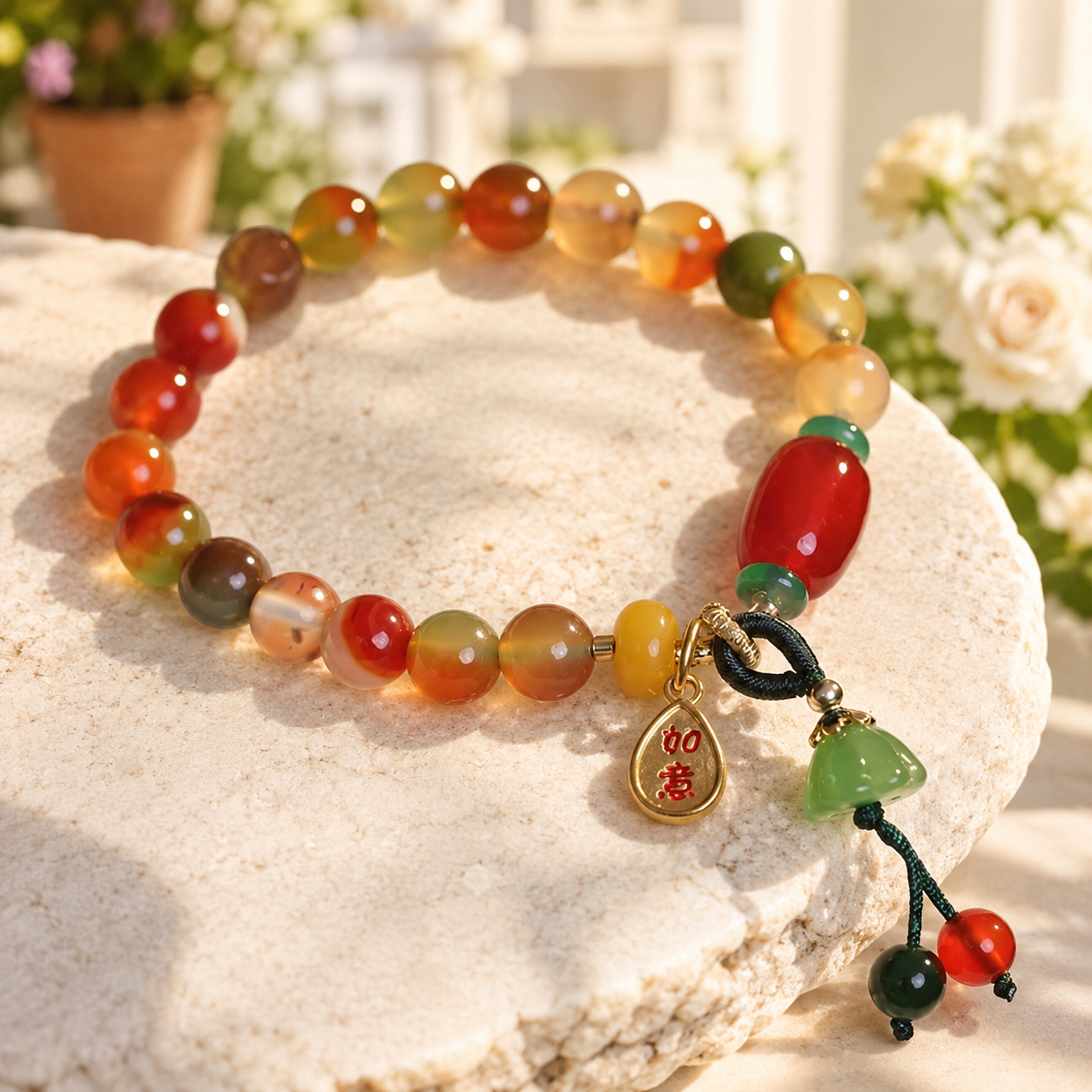 Bracelet symbolique avec pendentif vert et détails suspendus, inspiré par l’abondance et l’harmonie.