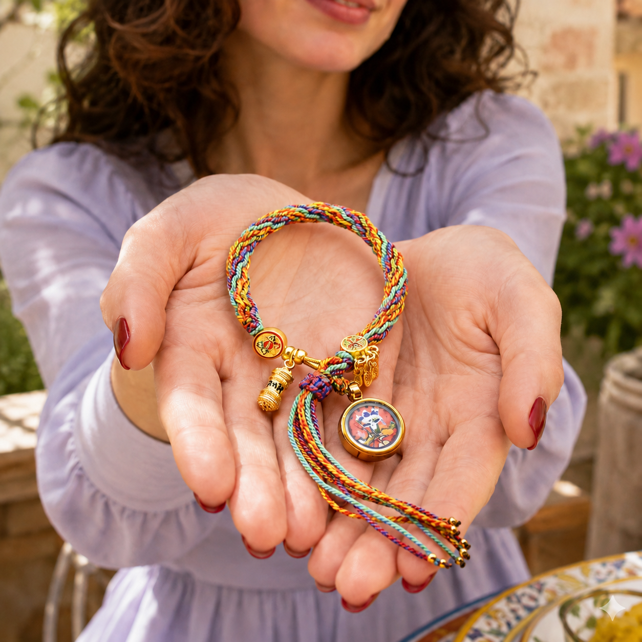 Bracelet tibétain tressé présenté dans des paumes ouvertes, avec ses cordons travaillés, son médaillon central et ses breloques dorées. Une création lumineuse pensée comme un bijou porte-bonheur au style spirituel et raffiné.