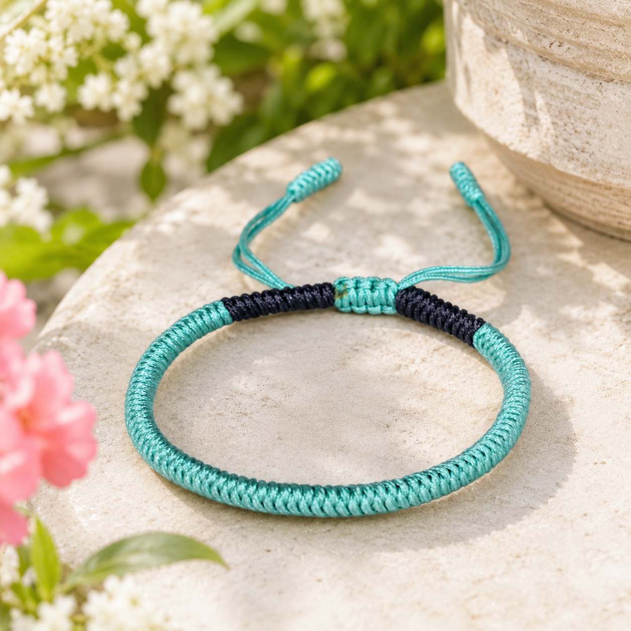 Bracelet tibétain unisexe au caractère discret, adapté à une tenue féminine ou masculine.