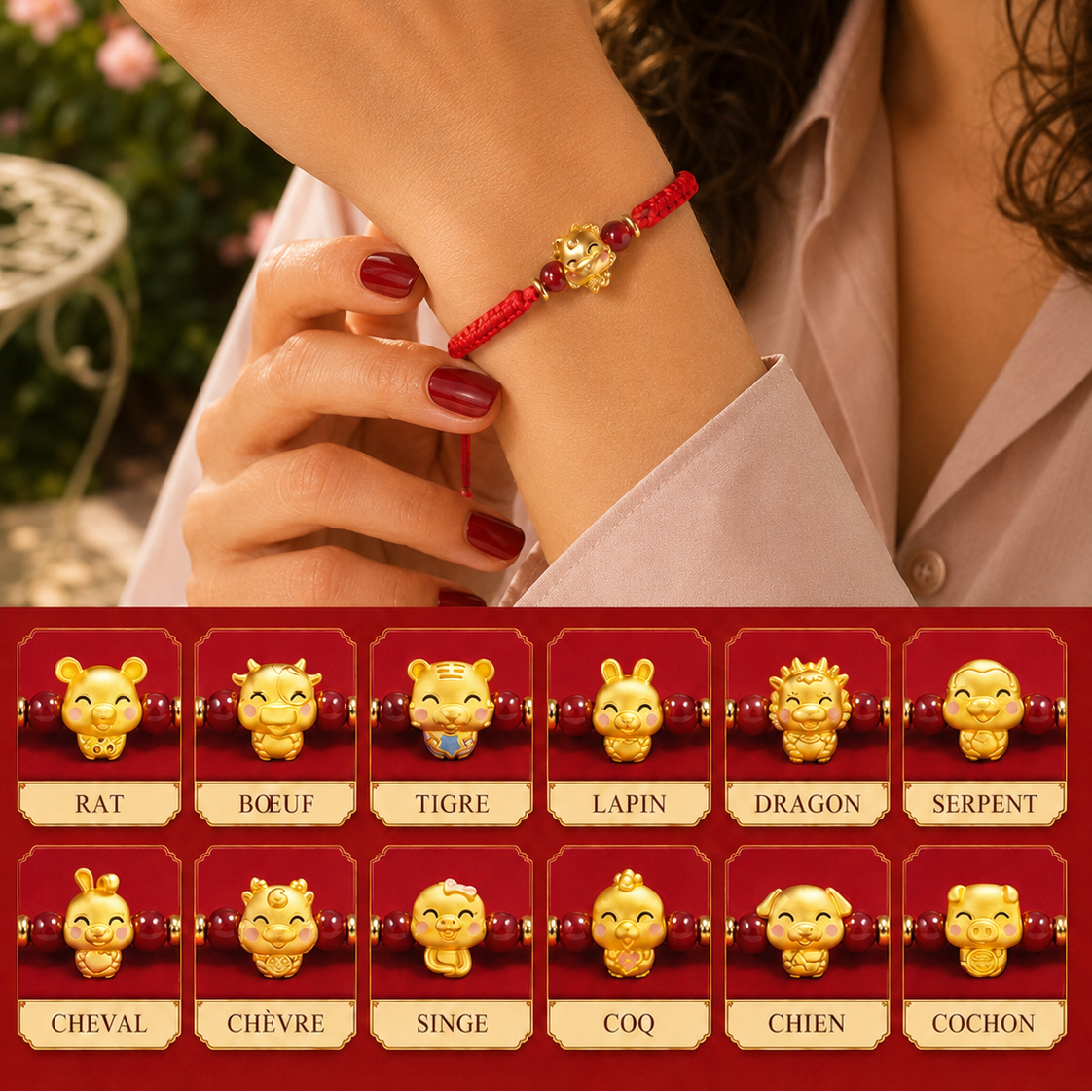 Bracelet zodiaque chinois avec cordon tressé et médaillon animal doré. Un bijou symbolique facile à porter au quotidien.