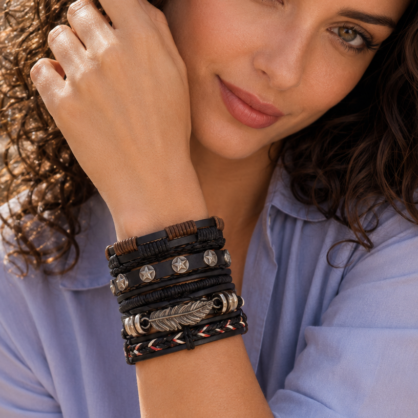 Bracelets en cuir multicouches avec plume, tresses et détails métalliques pour un style bohème et vintage au caractère affirmé.
