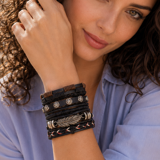 Bracelets en cuir multicouches avec plume, tresses et détails métalliques pour un style bohème et vintage au caractère affirmé.