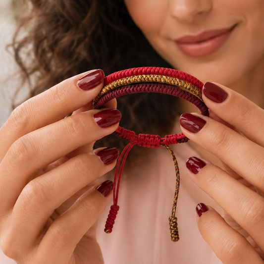 Ensemble de bracelets tibétains en macramé porté comme talisman discret, avec une esthétique spirituelle et quotidienne.