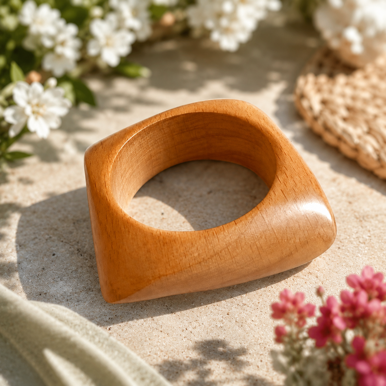 Manchette en bois naturel associée à une tenue claire, pour un rendu doux, lumineux et raffiné.